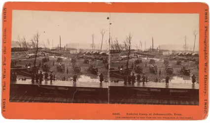 Stereocard view of Johnsonville, TN before evacuation when threatened by Forrest, December 1864